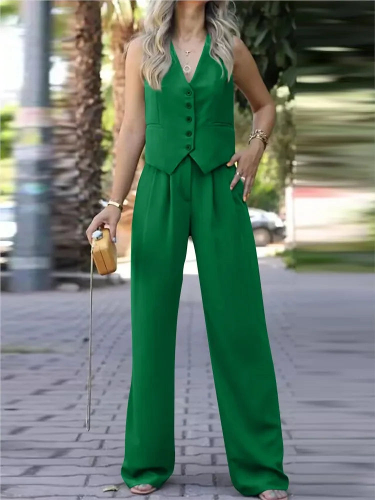 Casual Sleeveless Suit Set Office Lady Spring Summer Elegant Slim V-neck Blazer Tops Pants Two Piece Set Women Outfit 2025