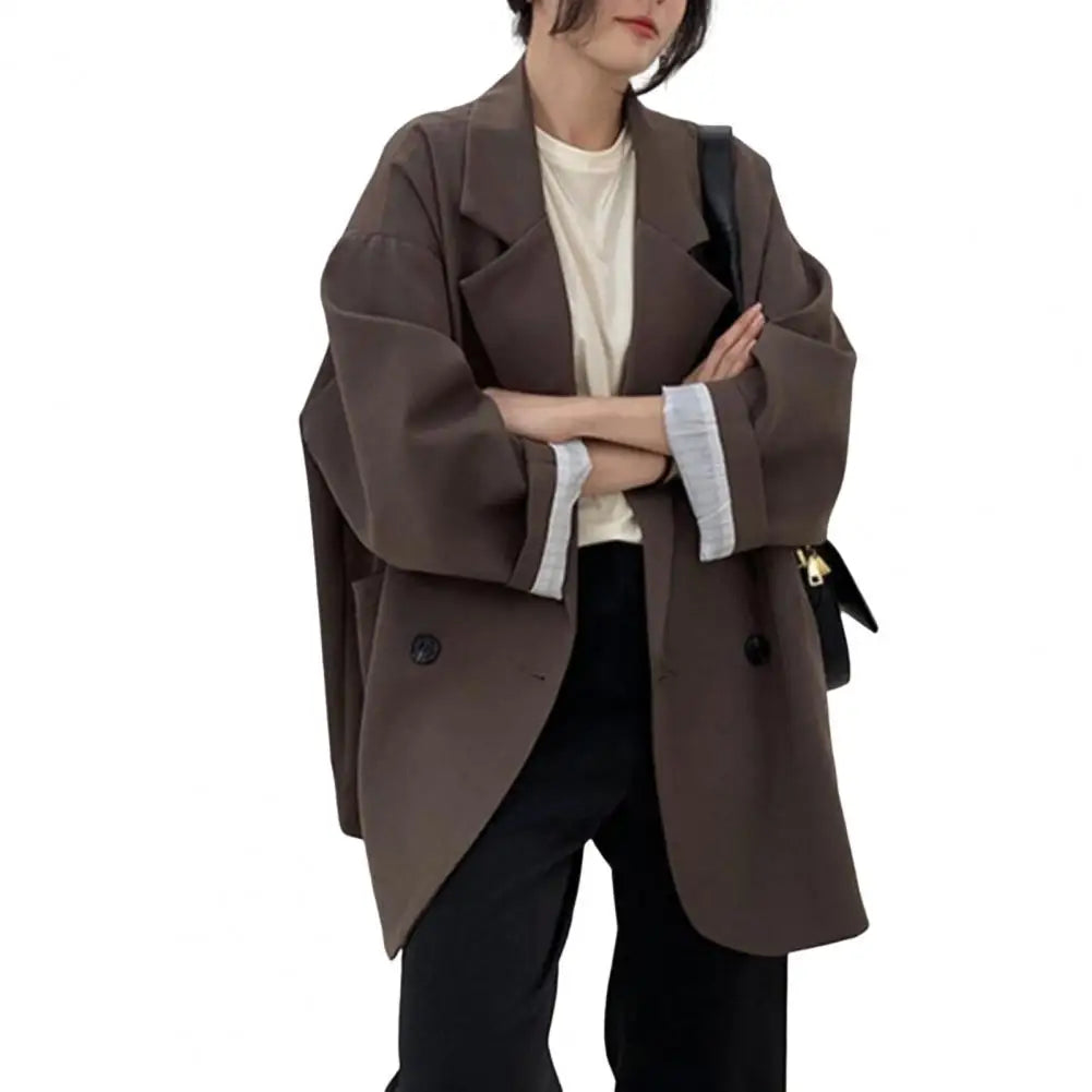 Notched Collar Business Suit Coat Korean Long Sleeves Pockets Double breasted Oversized Women Jackets Suit Coat
