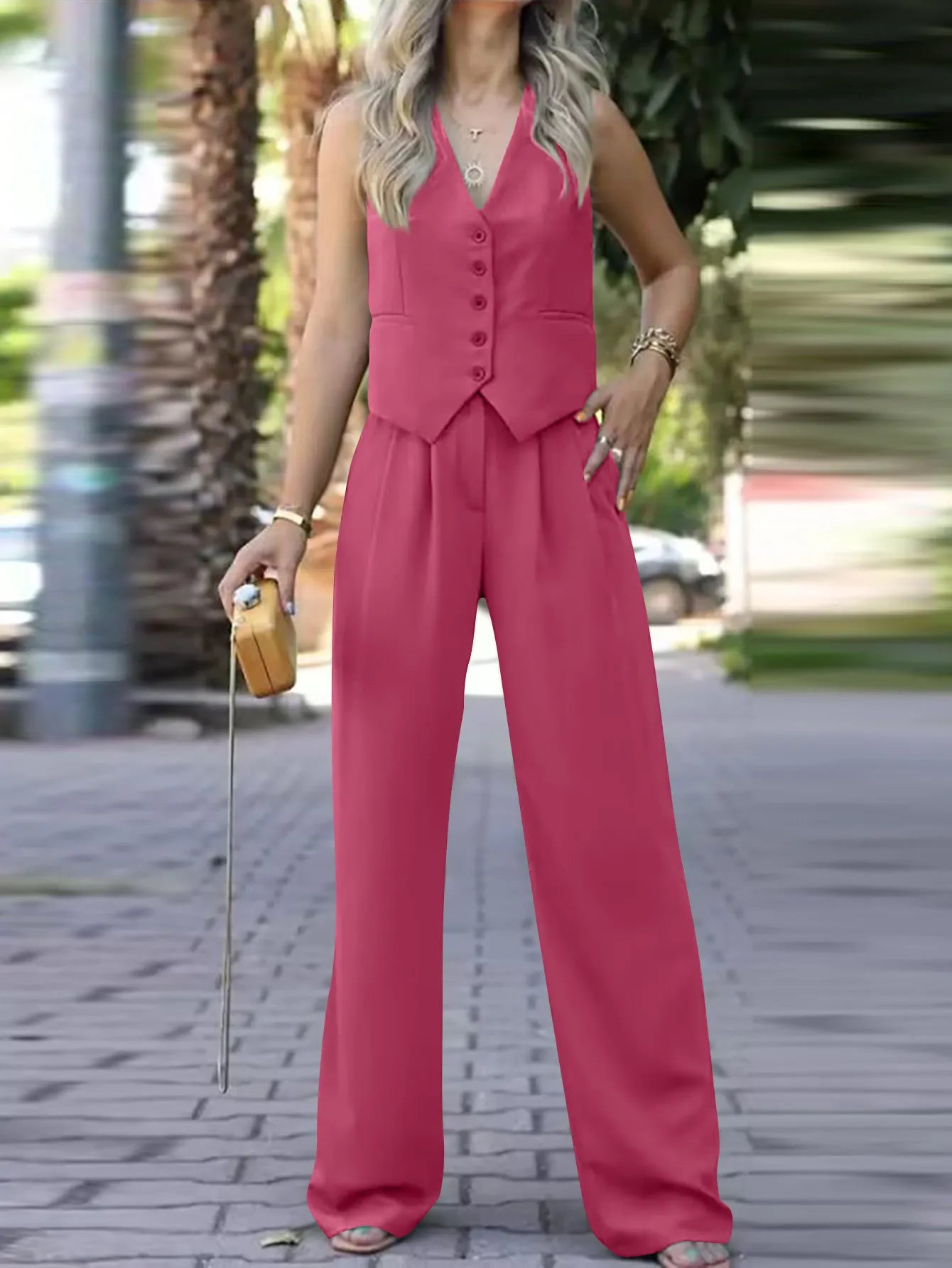 Casual Sleeveless Suit Set Office Lady Spring Summer Elegant Slim V-neck Blazer Tops Pants Two Piece Set Women Outfit 2025