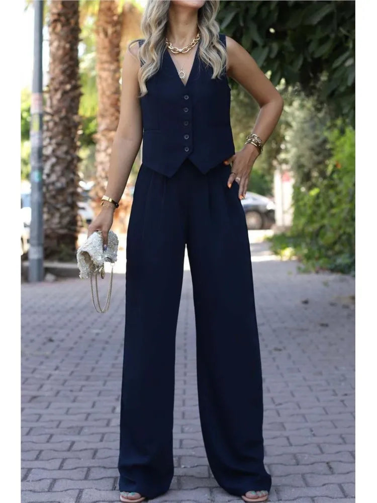 Casual Sleeveless Suit Set Office Lady Spring Summer Elegant Slim V-neck Blazer Tops Pants Two Piece Set Women Outfit 2025