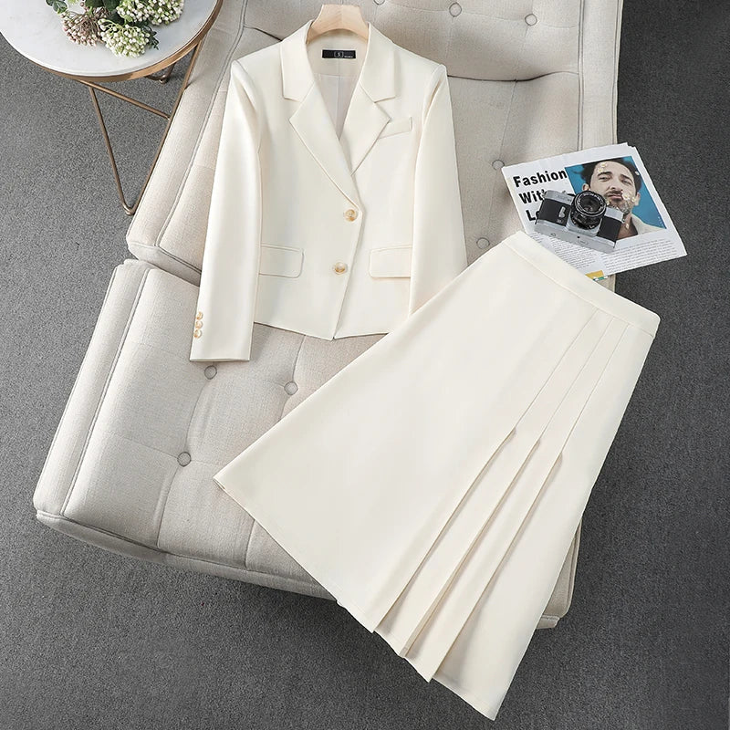 ZJYT Autumn Winter Women Blazer Suit Jacket and Skirt Two Pieces Matching Sets Office Lady Vintage Casual Suits Plus Size Outfit