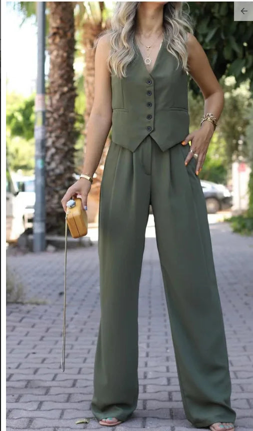 Casual Sleeveless Suit Set Office Lady Spring Summer Elegant Slim V-neck Blazer Tops Pants Two Piece Set Women Outfit 2025