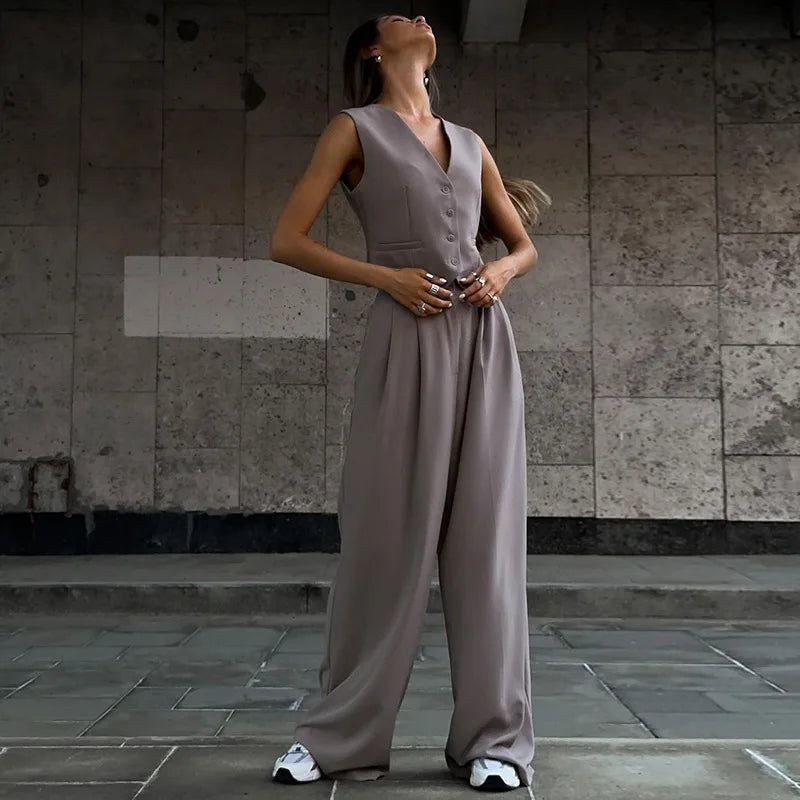 Casual Sleeveless Suit Set Office Lady Spring Summer Elegant Slim V-neck Blazer Tops Pants Two Piece Set Women Outfit 2025
