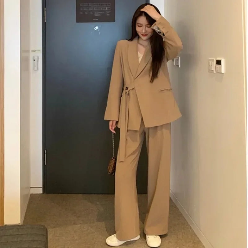 Insozkdg Vintage Two Piece Sets Lapel Loose Lace-up Blazers Tops + Wide Leg Pants Set 2024 Autumn Female Outfits Suit Set Women