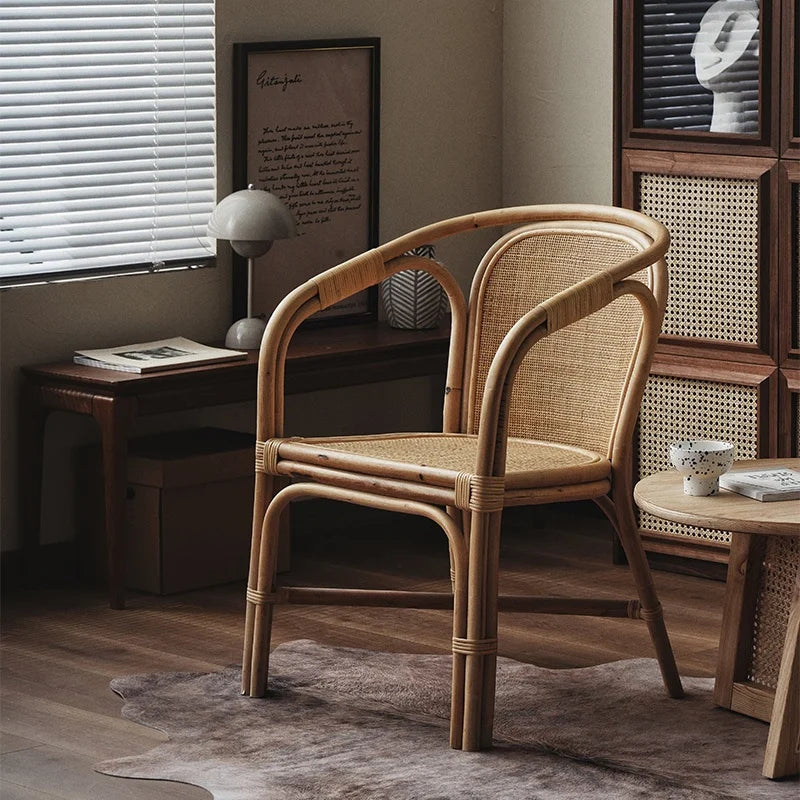 Indonesian Natural Rattan Armchair Home Furniture For Elderly Woven Backrest Chair With Single Sofa For Balcony Leisure