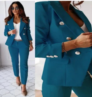 Office 2 Piece Sets Woman Spring Fall Fashion V-neck Long Sleeve Blazer Coat Elegant Trousers Set Slim Temperament Suit Outfit