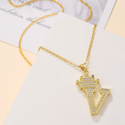 1PCS Fashionable Gold Diamond Crown Uppercase Letter Popular Pendant