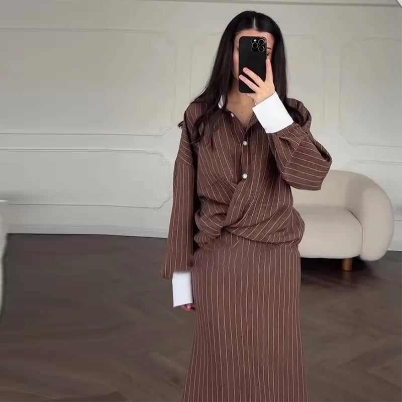 Fashion New Autumn Winter Office Lady Women's Single Breasted Long Sleeved Shirt with Hip Wrapping Striped Long Skirt Set