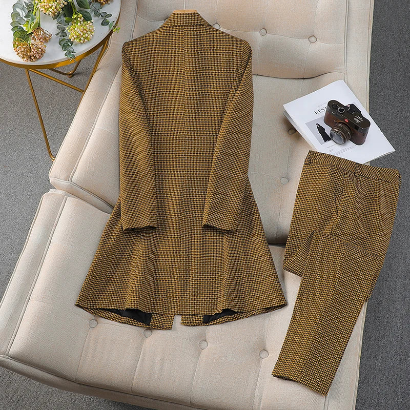 Autumn Winter Women Formal Office Lady Business Two Pieces Set Slim Plaid Blazer Long Coat And High Waist Ankle-length Pant Suit