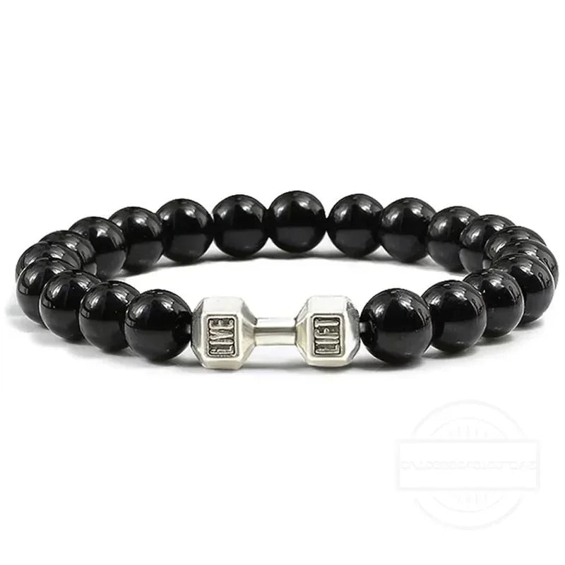 High Quality Men's Beaded Bracelet Natural Black Matte Agate Dumbbell Charm Bracelet Energy Fitness Barbell Fashion Jewelry