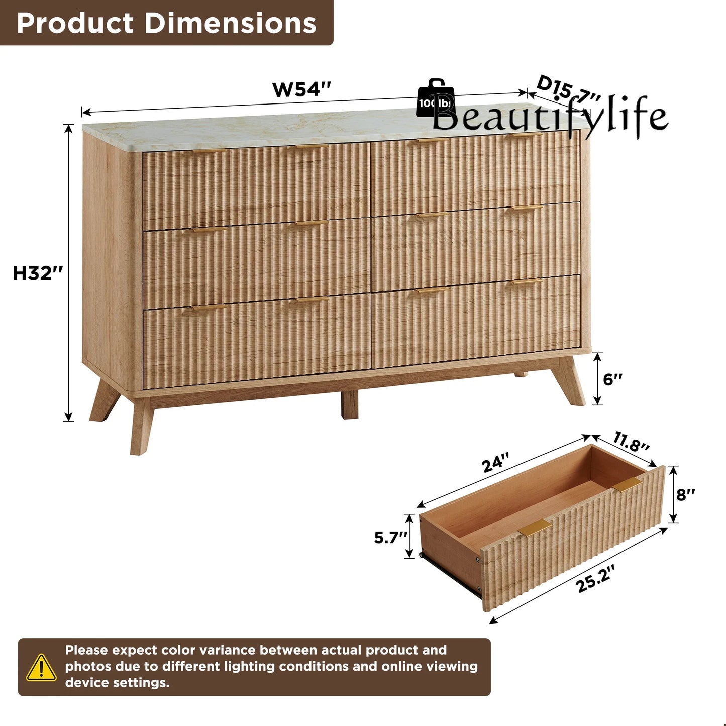 BJ Redlemon Fluted 6 Drawers Dresser, 54" Wide Modern Chest Of Drawers With Faux Marble Top