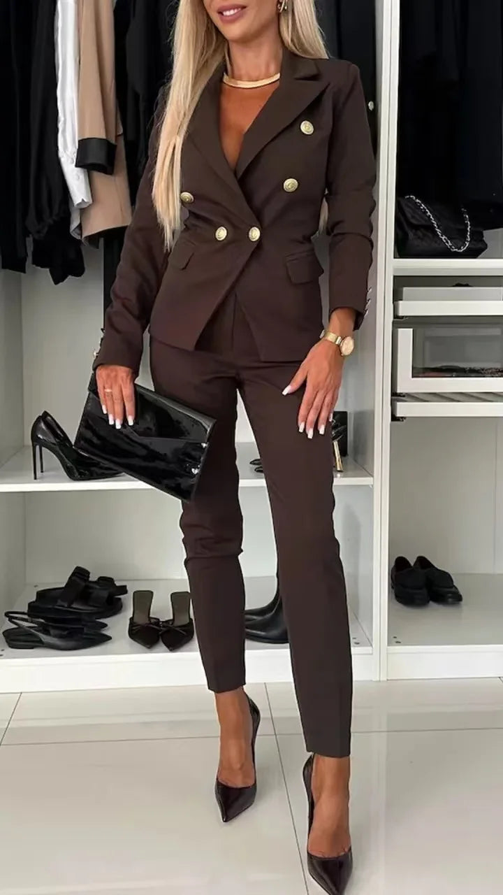 Office 2 Piece Sets Woman Spring Fall Fashion V-neck Long Sleeve Blazer Coat Elegant Trousers Set Slim Temperament Suit Outfit