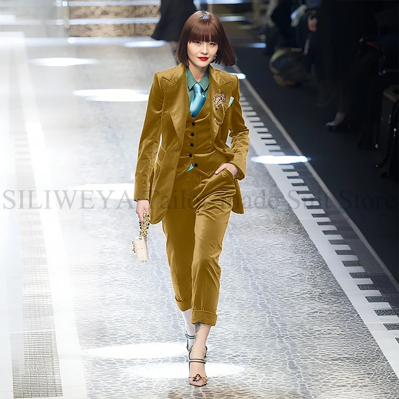 Luxury Green Velvet Winter Clothes for Women 3 Pieces Jacket Pants Vest Female Suits Formal Office Banquet Lady's Blazers Sets