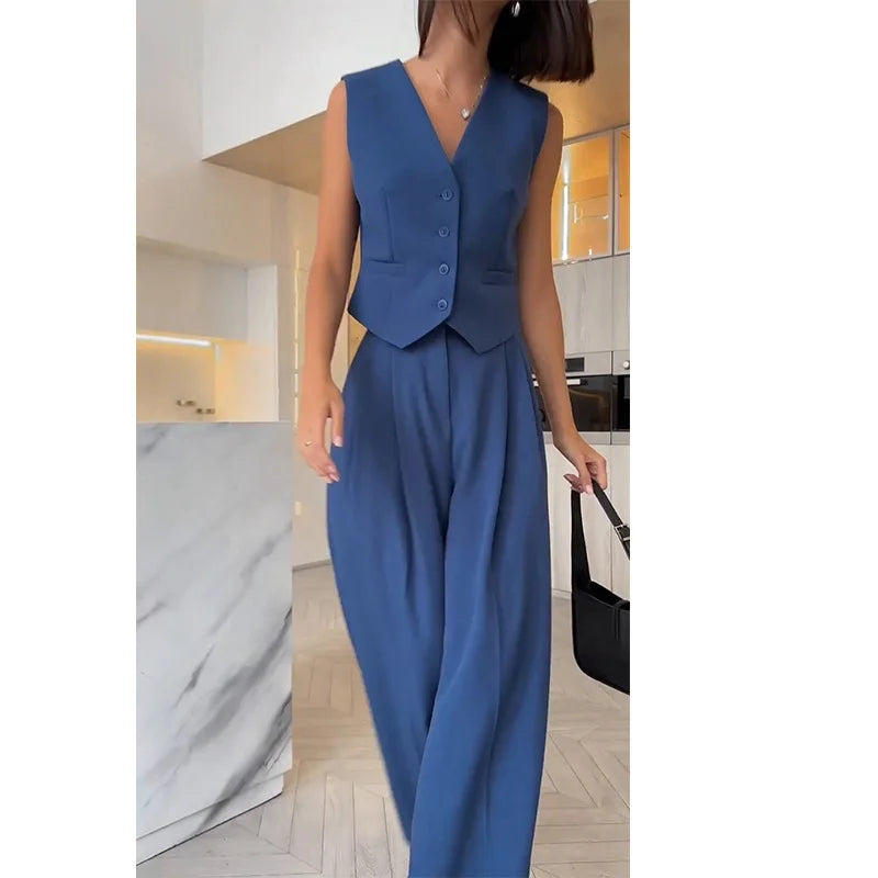 Casual Sleeveless Suit Set Office Lady Spring Summer Elegant Slim V-neck Blazer Tops Pants Two Piece Set Women Outfit 2025