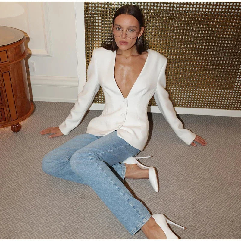 Women White 2 Pieces Set Deep V-neck Single Breasted Blazer Coat High Waist Pants Female Chic 2025 Spring Office Lady Outfits