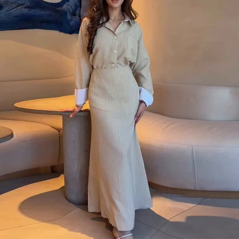 Fashion New Autumn Winter Office Lady Women's Single Breasted Long Sleeved Shirt with Hip Wrapping Striped Long Skirt Set