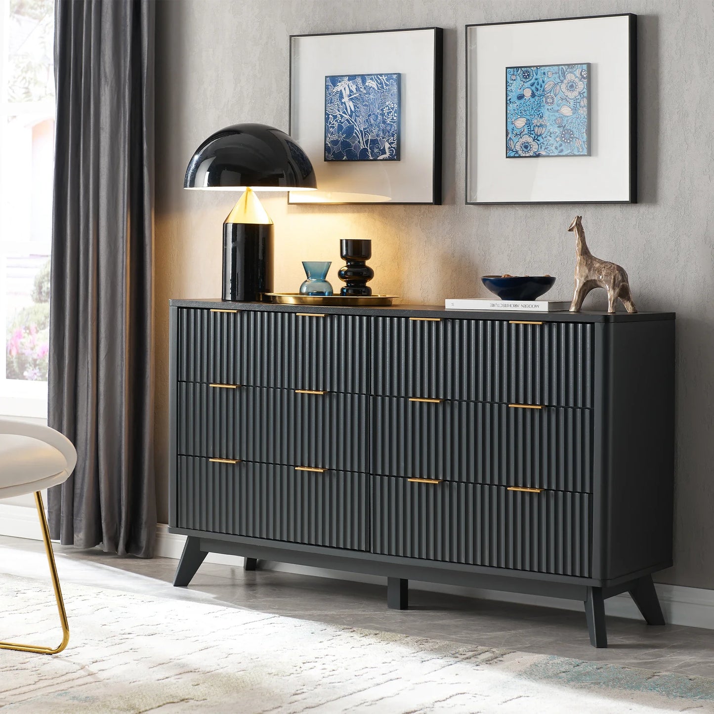 BJ Redlemon Fluted 6 Drawers Dresser, 54" Wide Modern Chest Of Drawers With Faux Marble Top