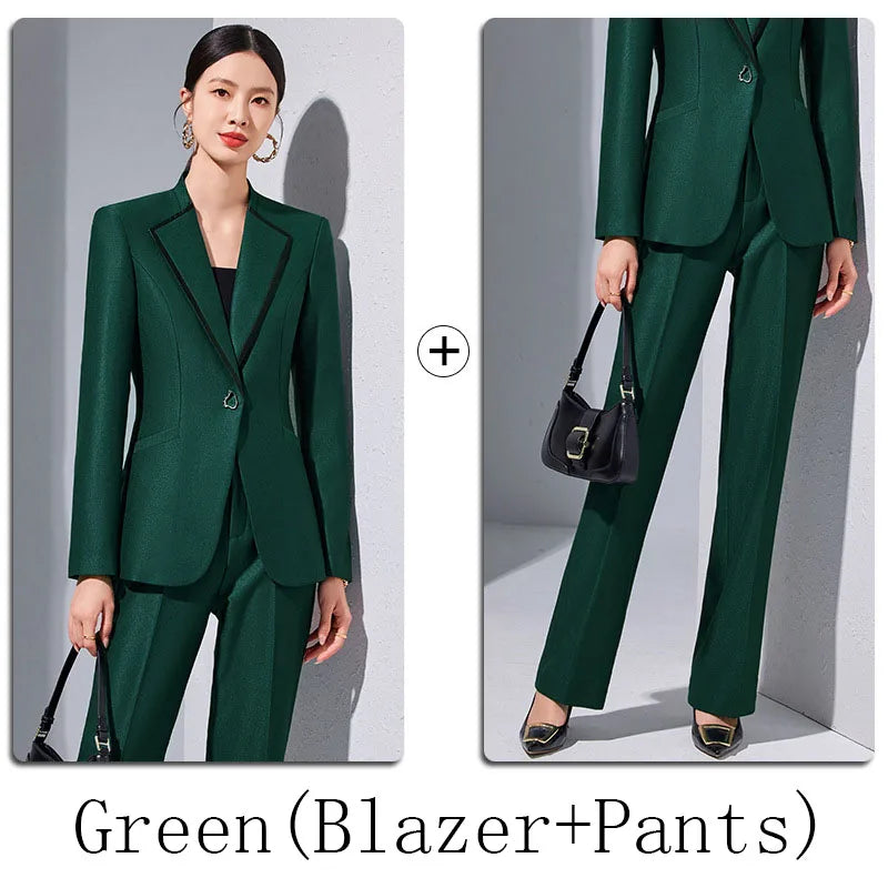 Elegant Single Button Blazer Suit Pant Sets for Women 2 Pieces Business Formal Office Outfit Autumn Plus Size Jacket Trousers