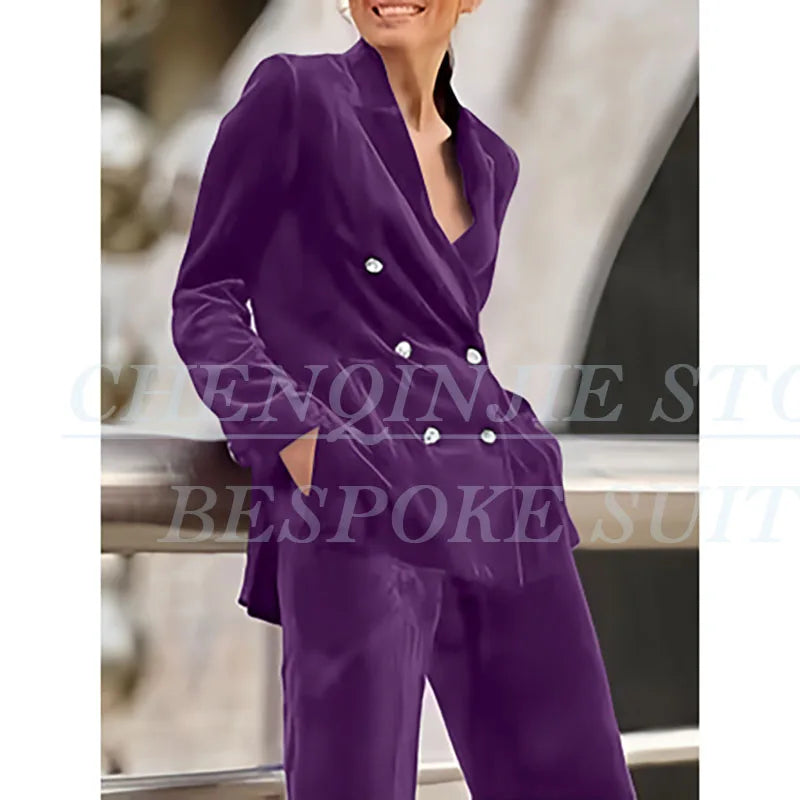 Luxury Purple Women's 2 Piece Sets Suits Chic Double Breasted Peak Lapel Slim Fit Jacket Pants Outfits Velvet Office Blazer 2025