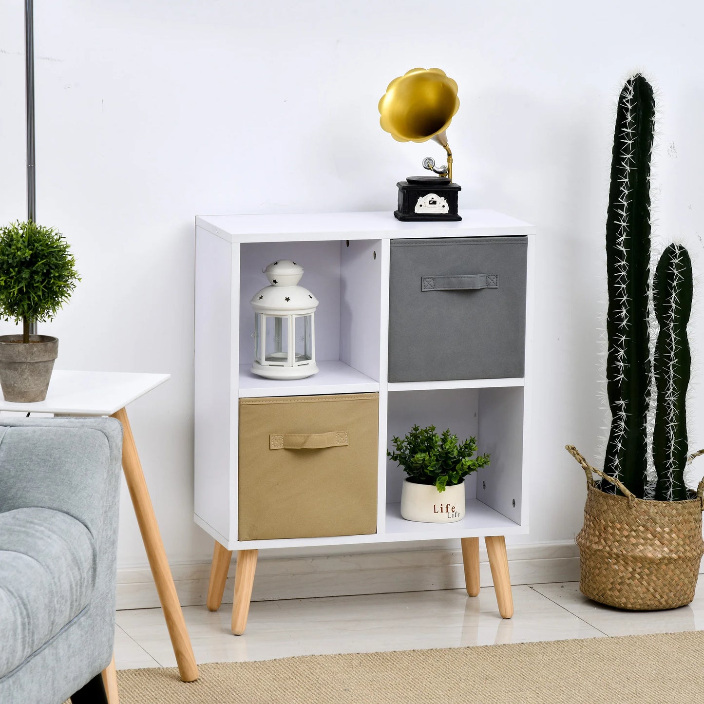 HOMCOM Freestanding 4 Cube Storage Cabinet Unit Bookcase w/ 2 Drawer