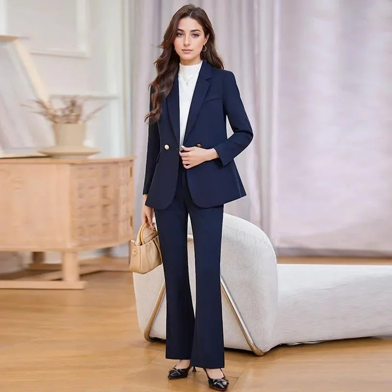 Pop Autumn Elegant Formal Business Blazer Suit Pant Sets For Women 2 Pieces Long Sleeve Jacket Trousers Sets Plus Size Outfit