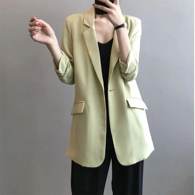 Chiffon Suit Coat Women's 2024 Summer New Korean Loose White Thin Long Blazers Jacket Solid Color Sunscreen Shirt Women Blazer