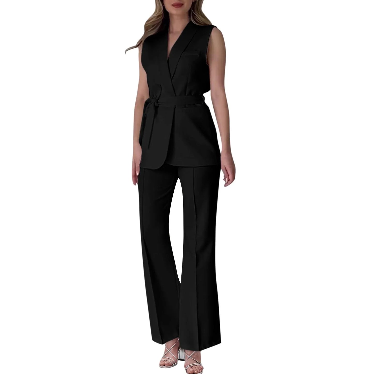 Chic Two-Piece Women's Set Button-Detail Vest with Lapel Neck & Tailored Trousers Versatile Outfit for Work and Sophisticated