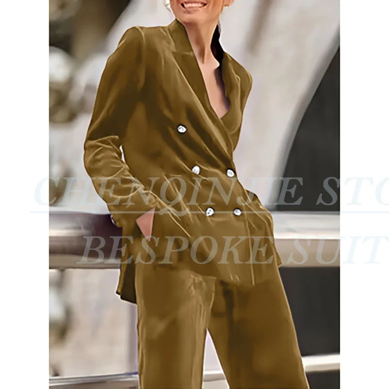 Luxury Purple Women's 2 Piece Sets Suits Chic Double Breasted Peak Lapel Slim Fit Jacket Pants Outfits Velvet Office Blazer 2025