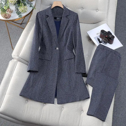 Autumn Winter Women Formal Office Lady Business Two Pieces Set Slim Plaid Blazer Long Coat And High Waist Ankle-length Pant Suit