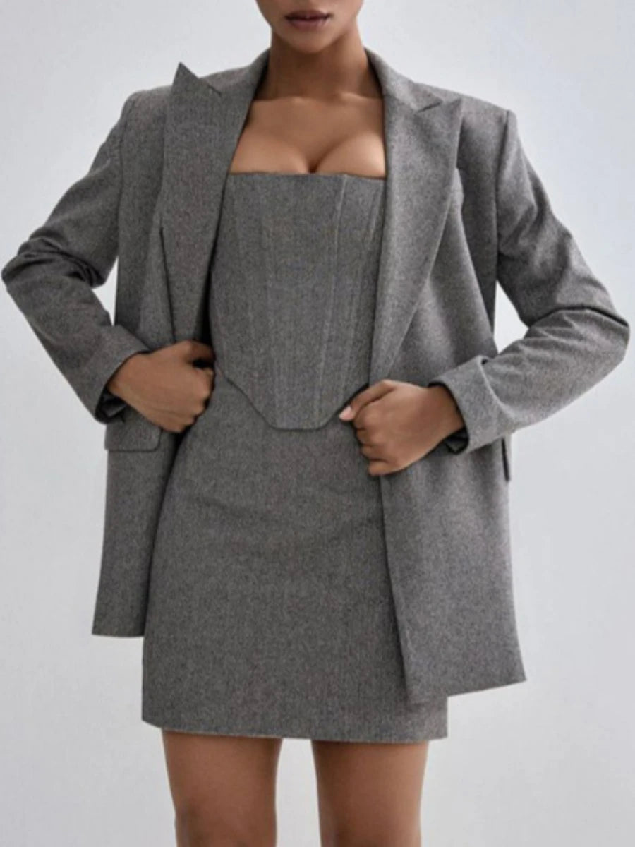 TWOTWINSTYLE Elegant Three Piece Sets for Women Lapel Long Sleeve Blazer Tunic Vest High Waist Mini Skirt Temperament Set Female