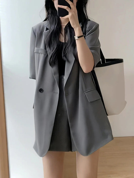 Summer Vintage Women Blazer Shorts Suit Casual Loose Blaser Jackets Solid Short Pantalons Outfits Female Korean Fashion 2 Pieces