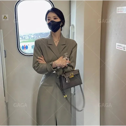 Insozkdg Gray-green Short Blazer Jacket + Split Skirt Sets Autumn New Korean Fashion Suit Two Piece Women Outfits Female Clothes