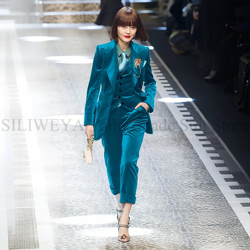 Luxury Green Velvet Winter Clothes for Women 3 Pieces Jacket Pants Vest Female Suits Formal Office Banquet Lady's Blazers Sets