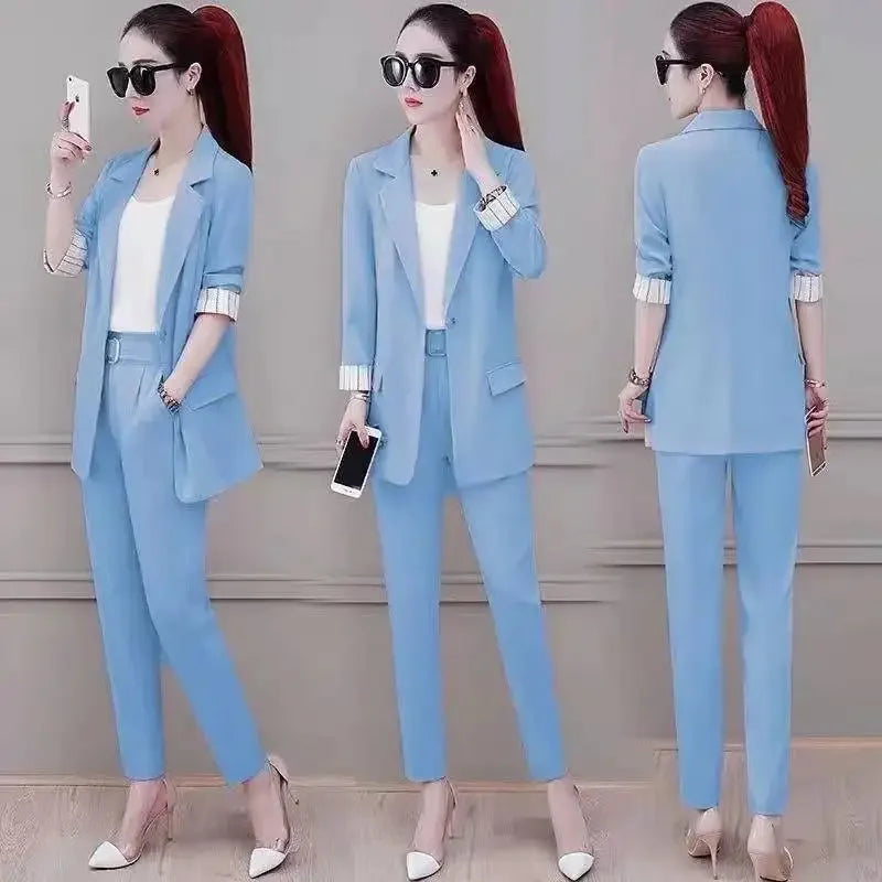 Professional Splicing Outfit Baggy Trouser Suit Green Wear To Work Office Black Womens 2 Pant Sets Blazer and Xxl with Sleeve D