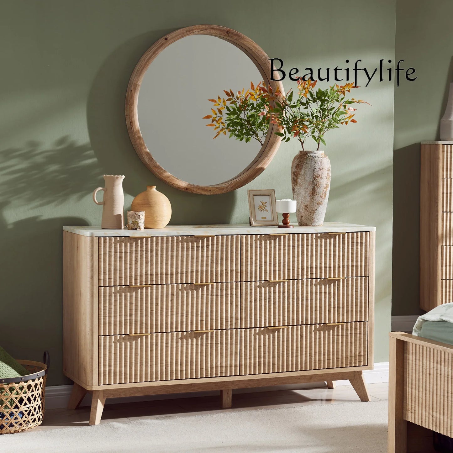 BJ Redlemon Fluted 6 Drawers Dresser, 54" Wide Modern Chest Of Drawers With Faux Marble Top
