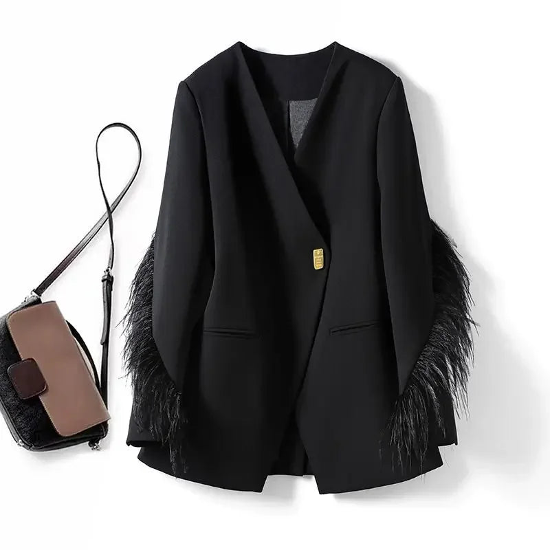 Luxury Spring Autumn Jacket Suit Coats Women Design Blazers Single Button Feather Outerwear Black Blazer Office Ladies Trend New