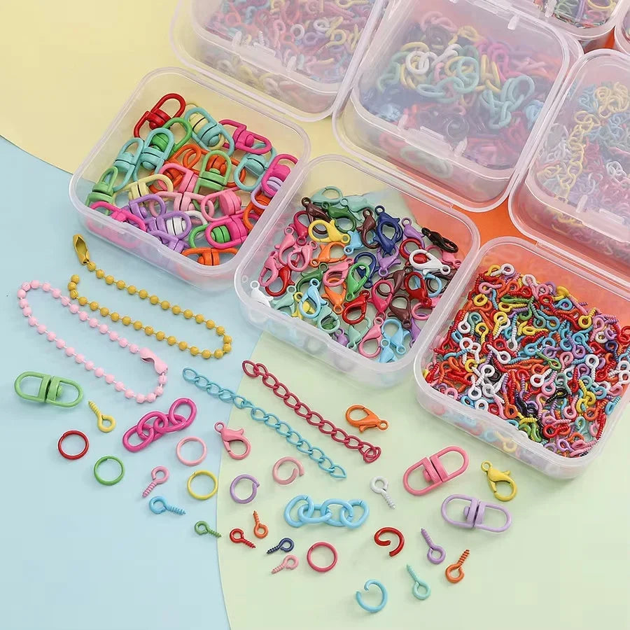 Colored DIY Jewelry Accessories Set Bead Keychain Open Jump Rings Lobster Clasp Hook Small Screw Eye Pins for DIY Jewelry Making