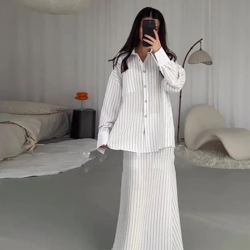 Fashion New Autumn Winter Office Lady Women's Single Breasted Long Sleeved Shirt with Hip Wrapping Striped Long Skirt Set