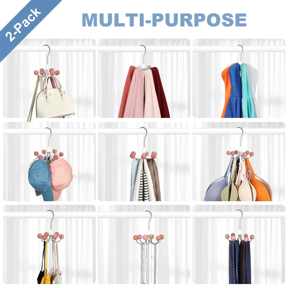 NOCM Hoodie Hangers 2-Pack with 6 Balls, 360°Swivel Purse Hanger, Scarf Hanger, Closet Hooks, Handbag Organizer, Bra Hanger
