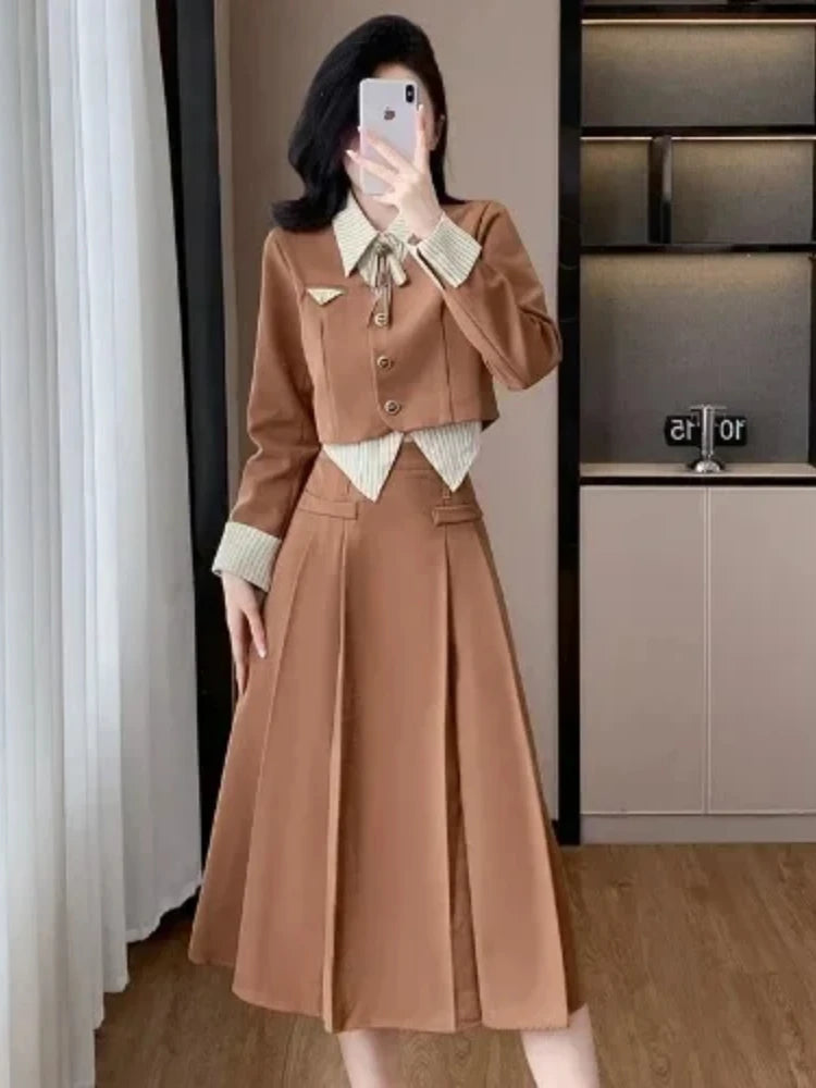 Insozkdg Autumn Winter New Blazer Skirt 2-Piece Set Women High-End Academy Style Korean Outfit Sets Female Office Lady Clothing