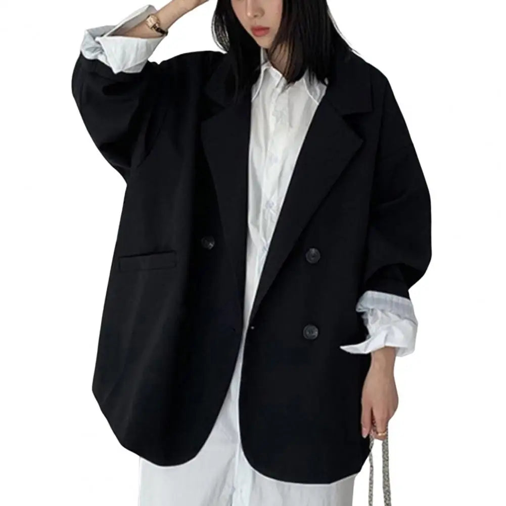 Notched Collar Business Suit Coat Korean Long Sleeves Pockets Double breasted Oversized Women Jackets Suit Coat
