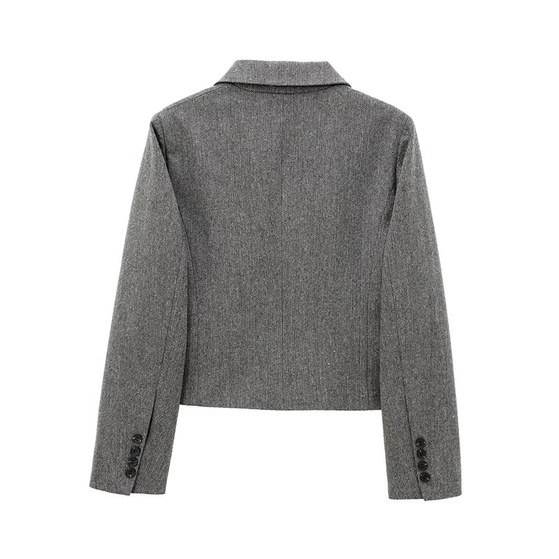 YENKYE Autumn Women Gray Double Breasted Crop Blazer Long Sleeve Lapel Collar Office Lady Elegant Suit Coat High Street Outfits