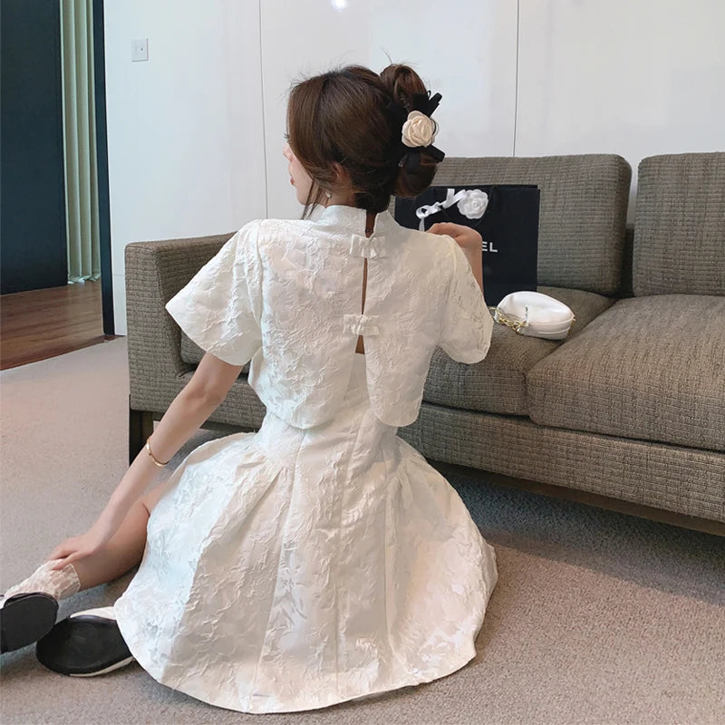Chinese Style Sweet & Cool Qipao Dress Set - Retro Short Top + Slim Slip Dress with Low Back Two-Piece Outfit for Women Female