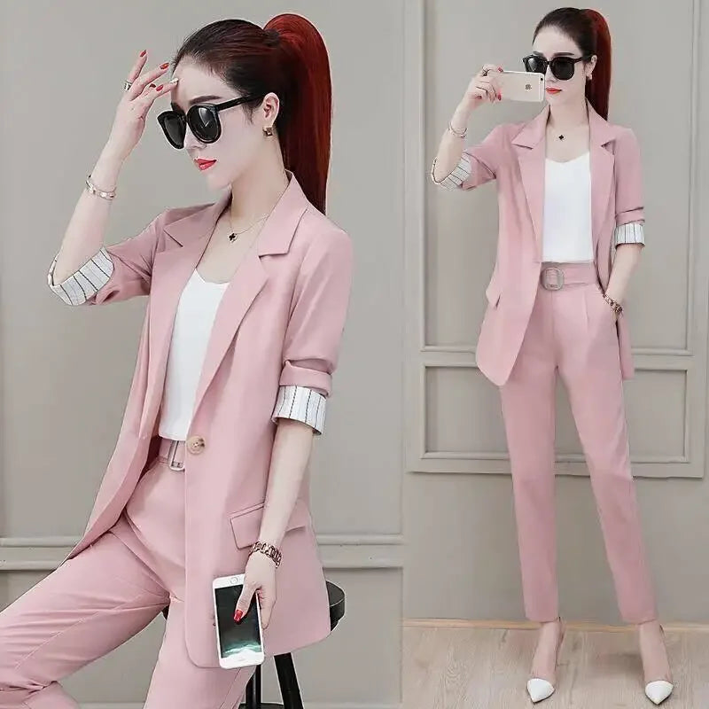 Professional Splicing Outfit Baggy Trouser Suit Green Wear To Work Office Black Womens 2 Pant Sets Blazer and Xxl with Sleeve D