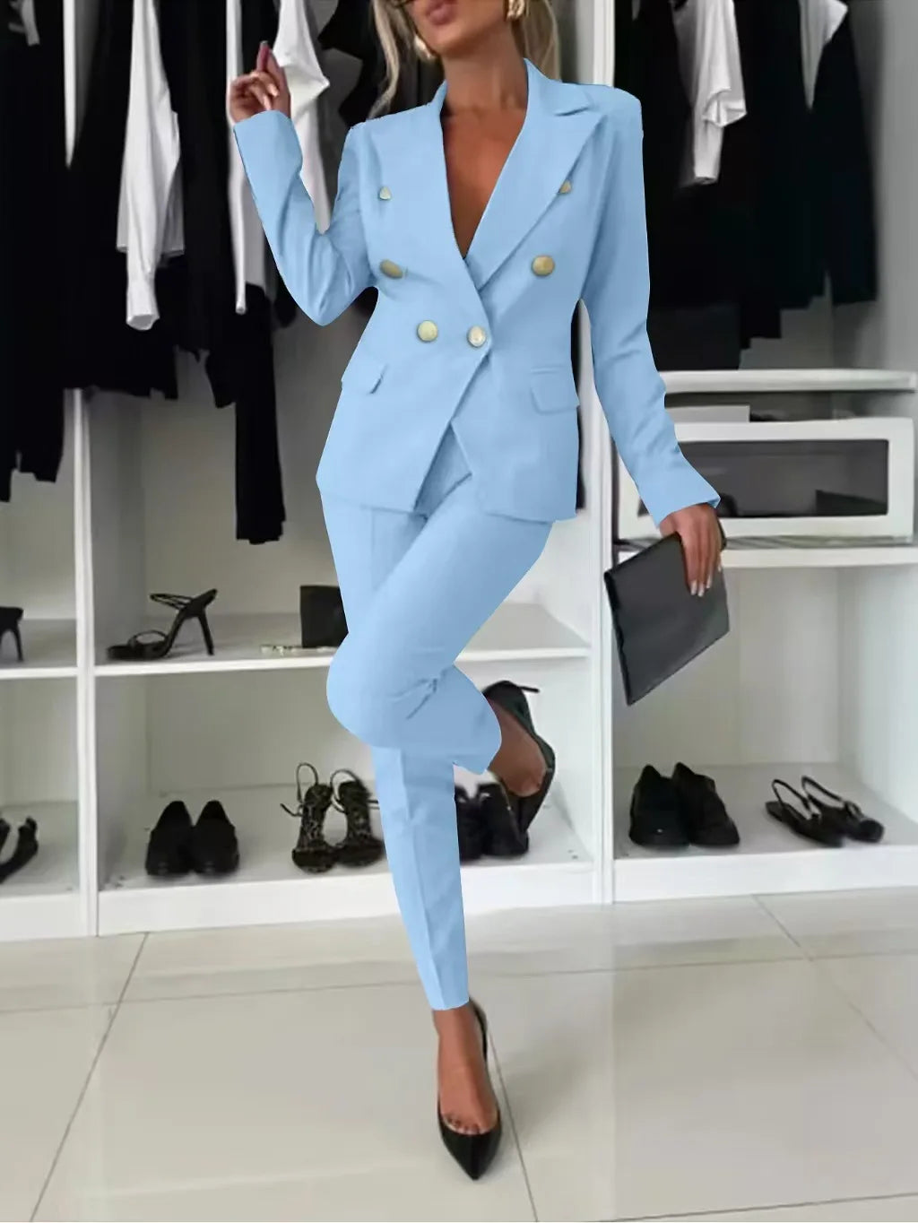 Office 2 Piece Sets Woman Spring Fall Fashion V-neck Long Sleeve Blazer Coat Elegant Trousers Set Slim Temperament Suit Outfit