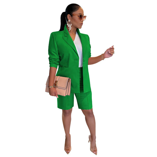 Office Lady Elegant Business Suits Solid Casual Two Piece Set For Women Matching Sets Outfits Long Sleeve Blazer Coat And Shorts
