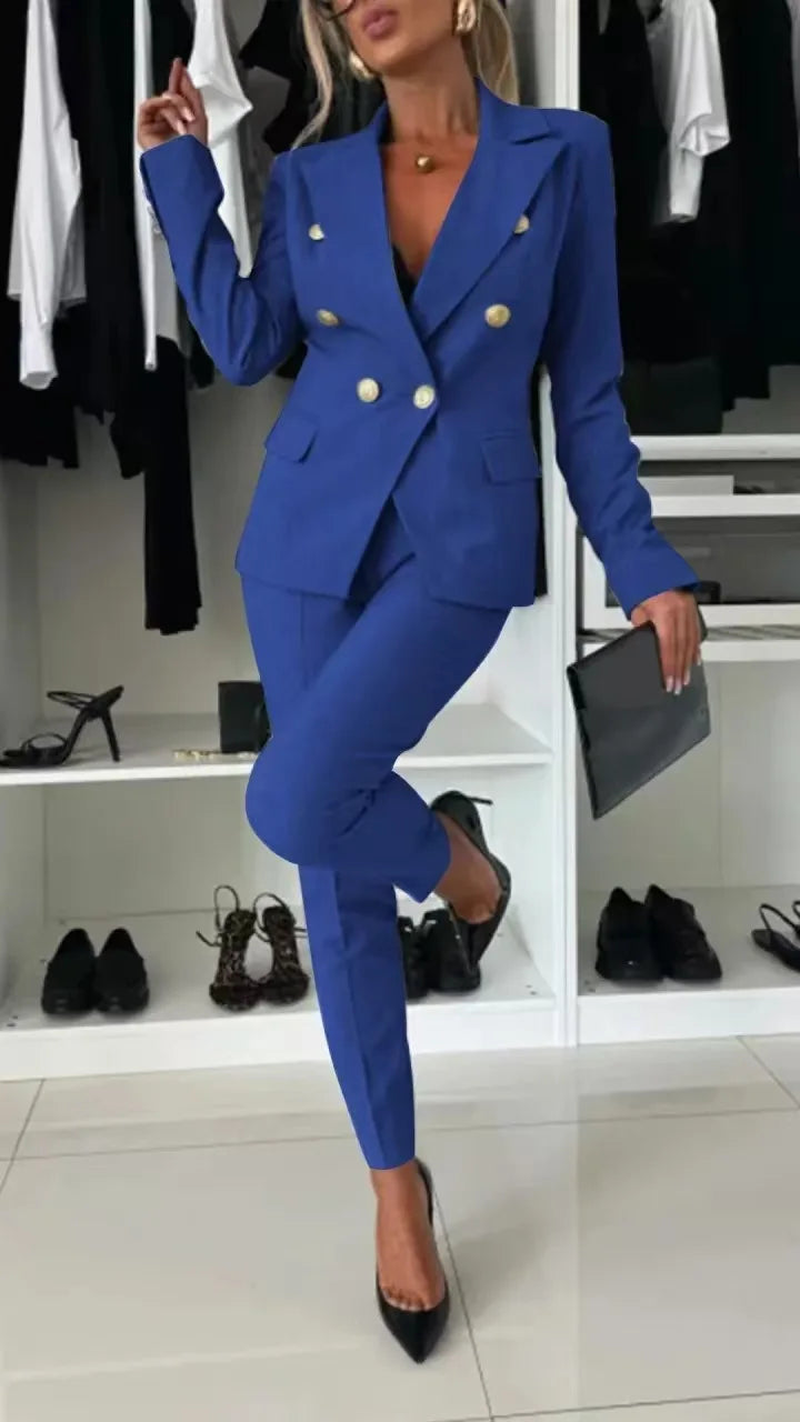 Office 2 Piece Sets Woman Spring Fall Fashion V-neck Long Sleeve Blazer Coat Elegant Trousers Set Slim Temperament Suit Outfit
