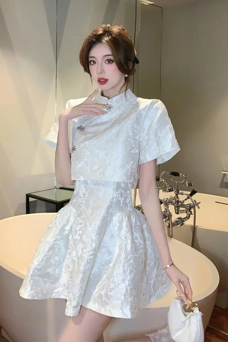 Chinese Style Sweet & Cool Qipao Dress Set - Retro Short Top + Slim Slip Dress with Low Back Two-Piece Outfit for Women Female