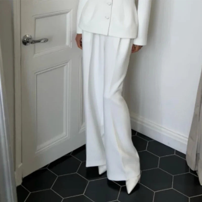 Women White 2 Pieces Set Deep V-neck Single Breasted Blazer Coat High Waist Pants Female Chic 2025 Spring Office Lady Outfits