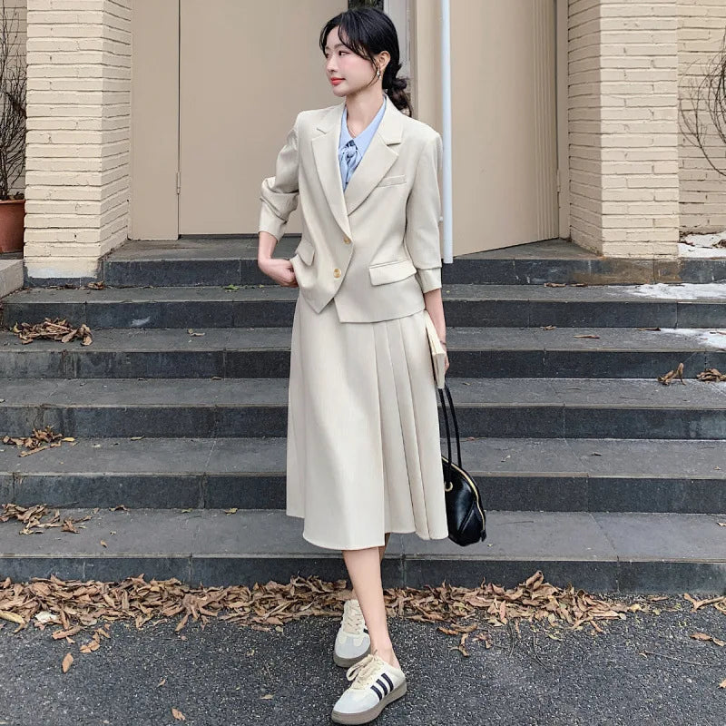 Women's Elegant Fashion Formal 2 Piece Outfit Professional Loose Tops Coat Blazer Pleated Skirt Suit Sets Casual Business Spring